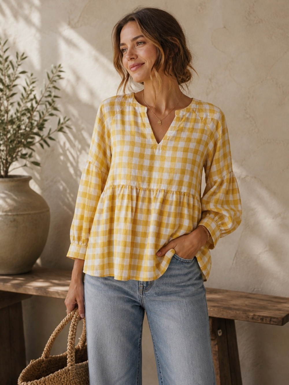 Anthropologie Maeve April Gingham Babydoll Tunic